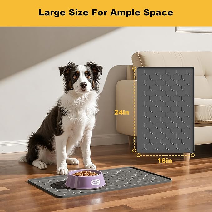 Pieviev 24''x16'' Dog Cat Food Bowl Mat, Silicone Waterproof Food Grade Pet Food Mat for Floor, High Raised Edge to Prevent Spills, Non-Slip & Easy Clean Pet Placemat for Dog & Cat Bowls, Dark Gray