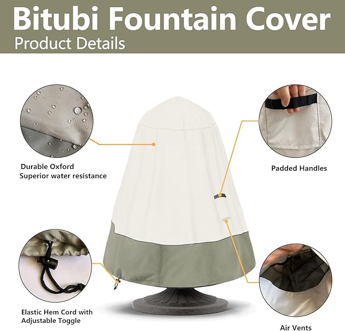 Bitubi Fountain Cover（40"x50"） 600D Oxford Cloth Garden Fountain Statue Protective Cover with Drawstring Waterproof Windproof Fountain Protector