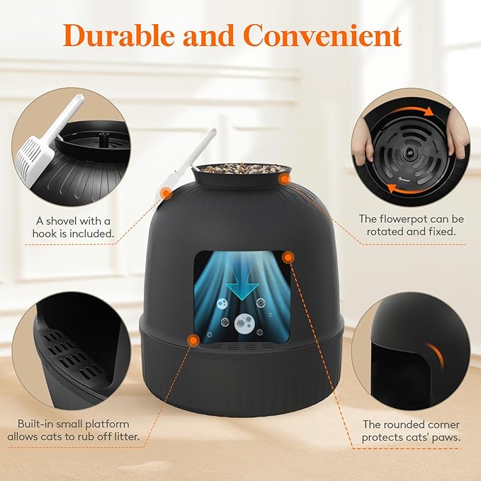 Lifewit Cat Litter Box, Hidden Enclosure Litter Tray with Odor Control & Carbon Filter in Living Room, Bedroom, Corner with Faux Plant& Plastic Scoop, 48 x 120 cm/19x47, Black