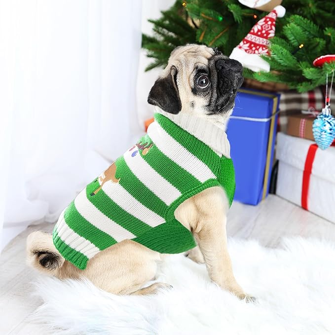 Christmas Dog Sweaters Xmas Pet Outfits Striped Elk Costume Holiday Clothes Gifts Puppy Cat Knitted Jumpers (XS,Green White Stripe Elk)