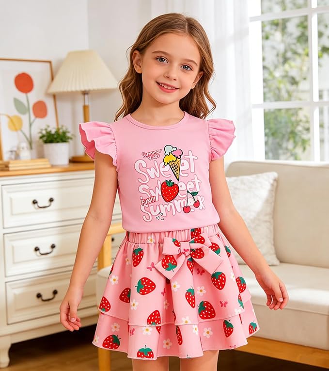 Girls Skirt Set 2 Piece Outfit Toddler Summer Clothes Ruffle Sleeve T-Shirt Bow Knot Tutu Skirt Outfit Set
