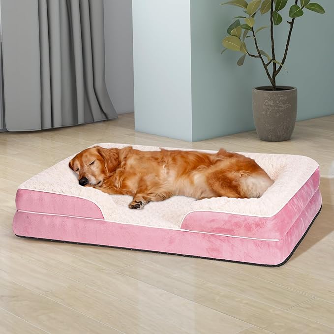 Orthopedic Dog Bed for Large Medium Sized, Washable Memory Foam Large Dog Bed, Durable Medium Pet Sofa with Removable Cover, Washable Waterproof Pet Couch Beds(Pink, XL)