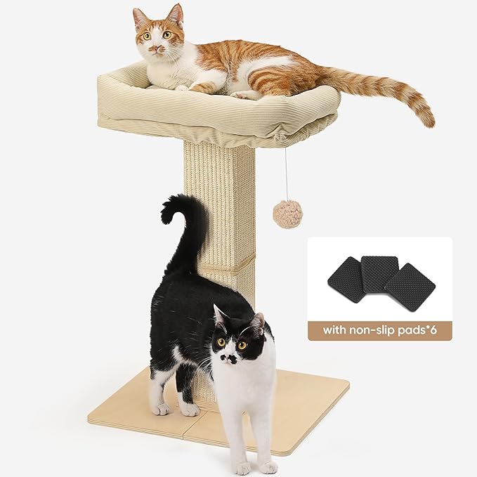 FUKUMARU Cat Scratching Post, Modern Style Tall Scratch Posts with Perch for Infoor Cats Adults, Large Cat Scratcher Tower with Bed, Small Tree with Raised Stand, Natural Sisal & Solid Wood