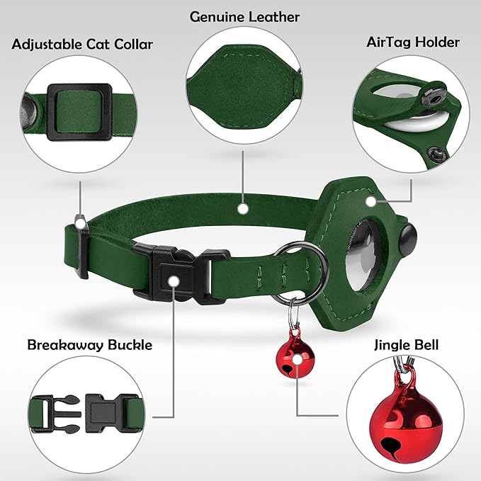 Breakaway Airtag Cat Collar with Removable Bell - Leather Pet Collar with Apple Air Tag Holder - Adjustable GPS Collars for Girl Boy Cats Kitten Puppy - Lightweight, Cute and Comfortable (Emerald)