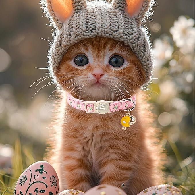 2 Pack Easter Cat Collars - Playful Chick & Carrot Easter Breakaway Cat Collar with Bell & Matching Pendant, Adjustable Spring Holiday Pink Yellow Kitten Collars for Boy Girl Cats