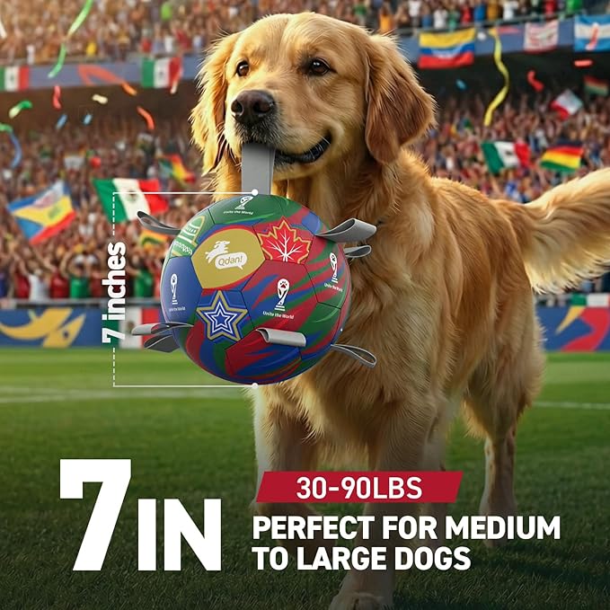 QDAN Dog Soccer Ball with Straps, 7 Inch World Cup Soccer Ball for Dogs, Water Toy, Dog Ball Toys for Medium Large