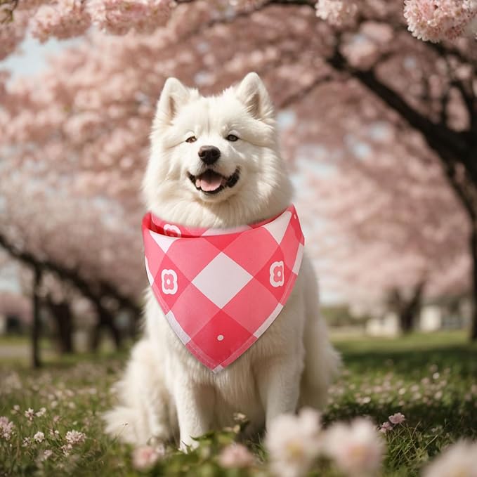 Sweetude 60 Pcs Spring Plaid Dog Bandanas Bulk Spring Pet Scarf Bibs Adjustable Washable Kerchief Seasonal Pet Costume Accessories Grooming Supplies for Small to Large Cats Dogs