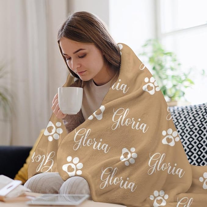 Personalized Paw Print Dog Blanket with Pet Name Face-Custom Puppy Blankets with Picture for Dogs-Customized Dog Memorial Throw Fleece Blanket-Loss of Pets Supplies Sympathy Gift for Bed Sofa Travel