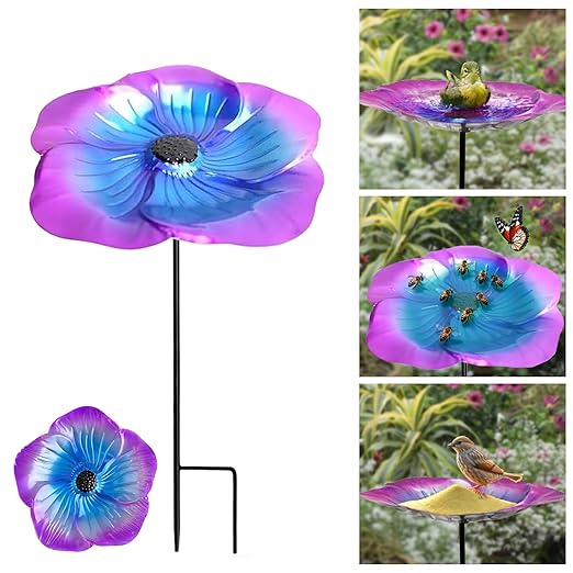 Bee Watering Station, Butterfly Cups for Garden Metal Bee Water Feeder with Flower Design, Colorful Bird Bath Bowl for Outdoor Garden Yard Decor, Decorative Glass Flower Design (Yellow+Purple)