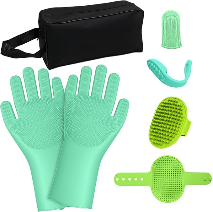 7PCS Dog Washing Gloves | Dog Bath Brush | Storage Bag | Dog Finger Toothbrush for Short & Long Haired Dogs & Cats | Efficient Deshedding Bathing & Massaging, Suitable for Pets (Sage Green)