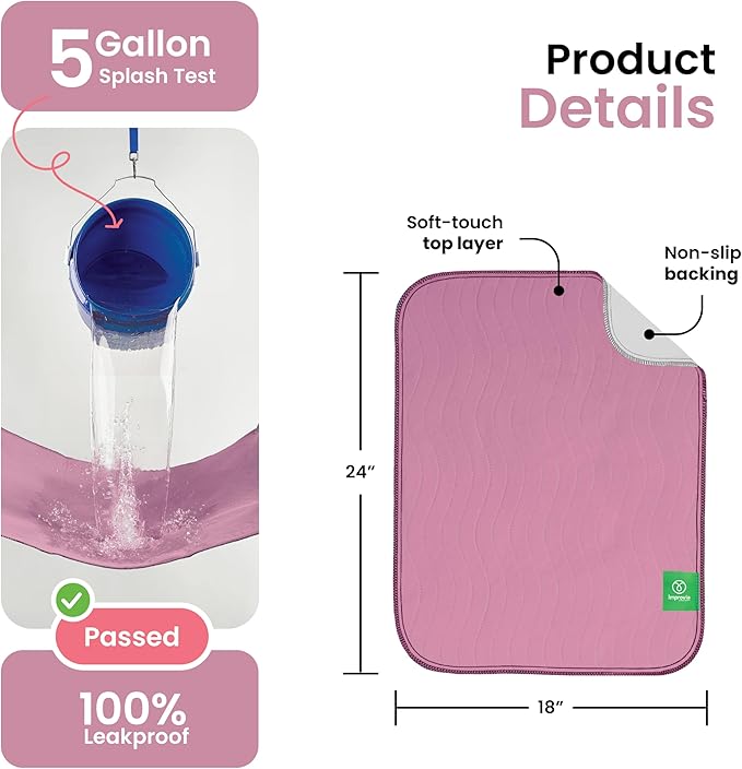 IMPROVIA® Washable Underpads, Heavy Absorbency Reusable Incontinence Pads for Kids, Adults, Elderly, and Pets, Waterproof Protection Floor (Pink and White, 18" x 24" - Pack of 4)