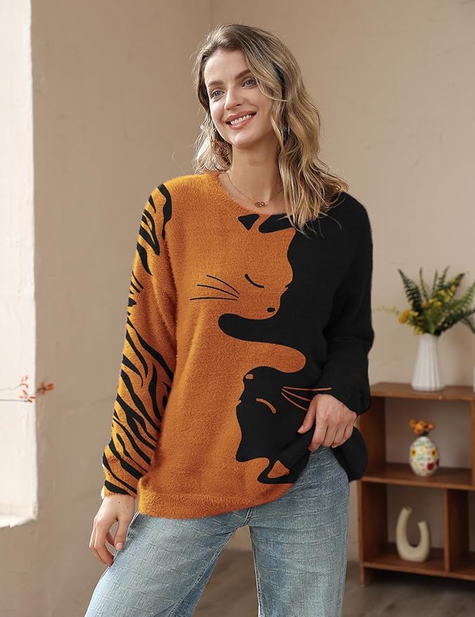 YESNO Women Christmas Sweater Graphic Printed Oversized Pullover Sweaters Casual Loose Knit Tops S01