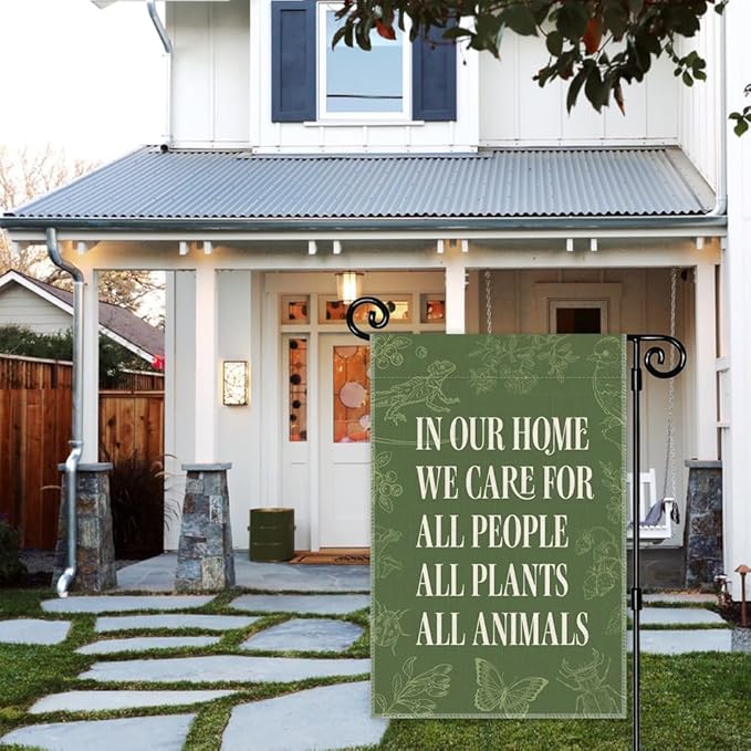 In Our Home We Care for All People Plants Animals Garden Flag, Double Sided Yard Outdoor Farmhouse Lawn Porch Decor Banner, Ally Yard Flag, Inclusive Gifts For Family Friend Plant Animal Lover
