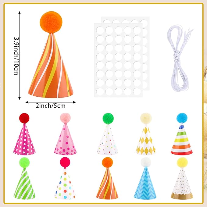 10 PCS Colorful Mini Party Hats for Stuffed Animals Lovely Paper Cone Tiny Birthday Hats for Stuffed Animals Pets Baby, Accessories