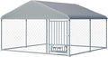 10FT x 10FT Outdoor Dog Kennel with Roof, Outside Dog Run Fence with Rotated Dog Bowls, Large Dog House Pen Enclosure with Secure Lock&Textilene Door