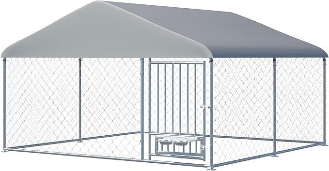 10FT x 10FT Outdoor Dog Kennel with Roof, Outside Dog Run Fence with Rotated Dog Bowls, Large Dog House Pen Enclosure with Secure Lock&Textilene Door