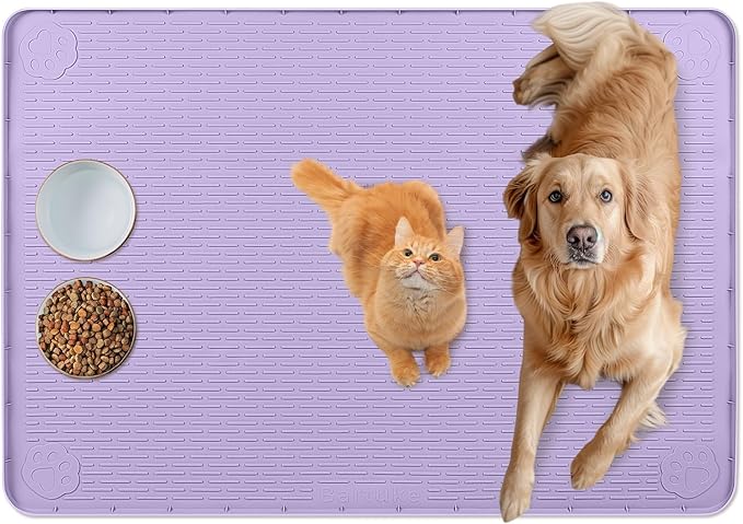 Cat Food Mat, 34" x 22" Large Silicone Pet Feeding Mat for Food and Water Bowls Non-Slip, Easy to Clean (Purple)