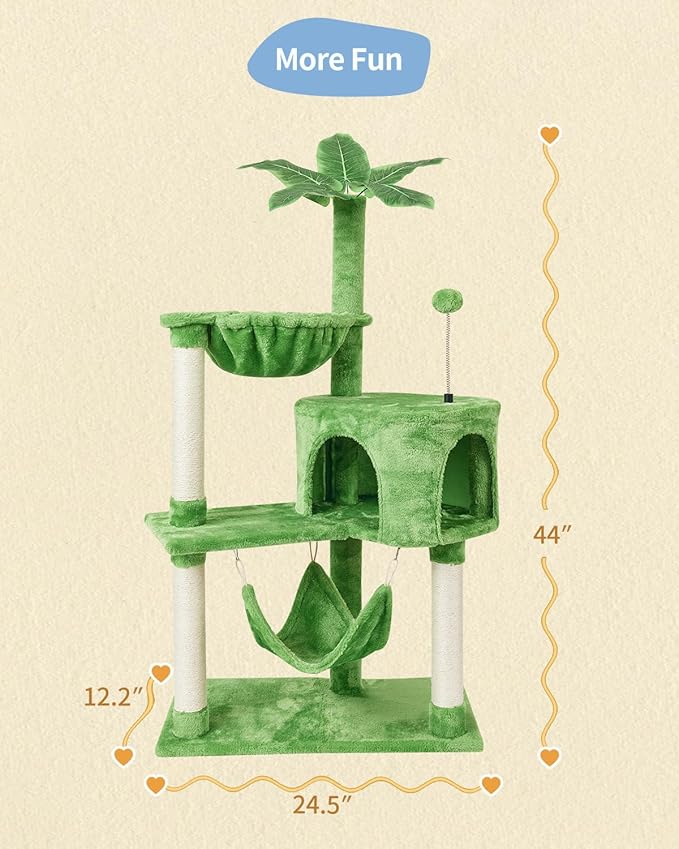 KIYUMI Cat Tree Cat Tower Condo with Sisal Scratching Post for Indoor Cats Tree Furniture with Hammock Perch and Kitten Ball Toys, Multi-Level Pet Activity Center (Green)