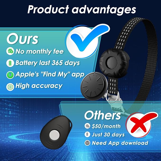 GPS Tracker, Waterproof Pet Tracker for Cats, Cat GPS Tracker Collar with Safety Elastic Buckle, Compatible with Apple Find My App (Only iOS), No Monthly Fee (Black Tracker, Cat Collar)