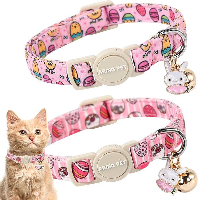 ARING PET 2 Pack Easter Cat Collars-Cute Easter Eggs Cat Collar Breakaway with Bell&Pendant, Adjustable Pink Chick Kitten Collars with Safety Buckle for Girl&Boy Cats