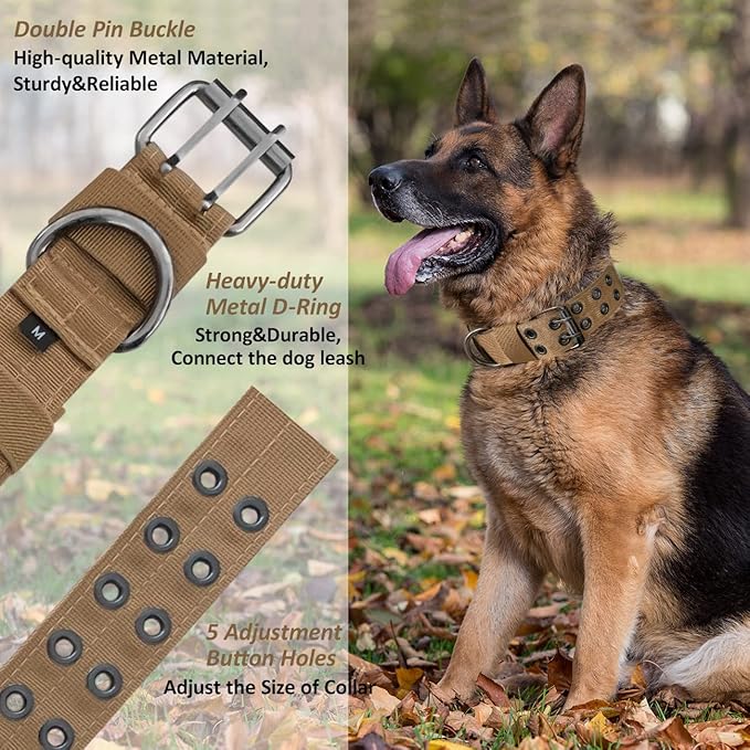 Tactical Dog Collar with Handle, Military Adjustable Heavy Duty Metal Buckle Dog Collars Soft Nylon Training Collar for Medium Large Dogs (Brown, X-Large)