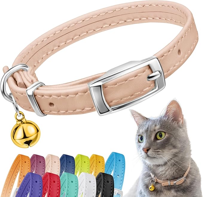 CollarDirect Leather Cat Collar with Removable Bell (Beige, 8-11 Inch)