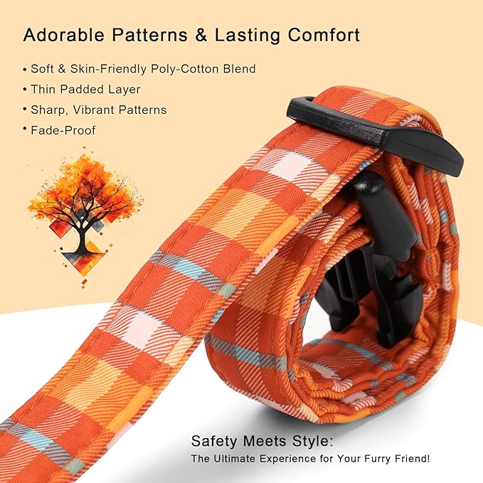 Fall Dog Collar Cute Orange Plaid Puppy Collar - Light Comfortable Adjustable Pet Collars for Small Medium Large Girl Boy Dogs XL