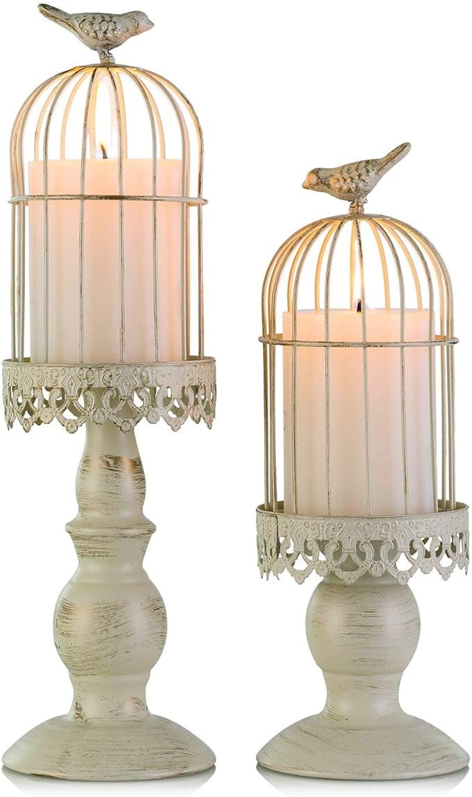 Birdcage Candle Holder Decorative Bird Cages for Weddings Vintage Candlestick Holders Wedding Candle Centerpieces for Tables Iron Candleholder Set Home Decor Distressed Ivory