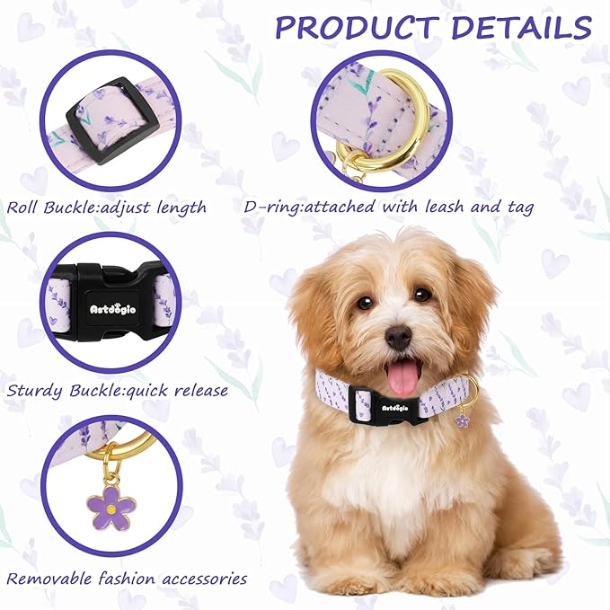 Dog Collar for Medium Dogs, Spring Purple Dog Collars with Flowers Pattern, Adjustable Cotton Dog Collars, Cute Girl or Boy Dog Collar Ideal for Gifts,Pet Accessory