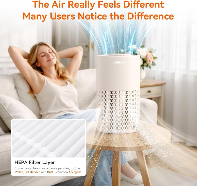 AIRROMI Air Purifier for Bedroom with A2001 Creamy Beige