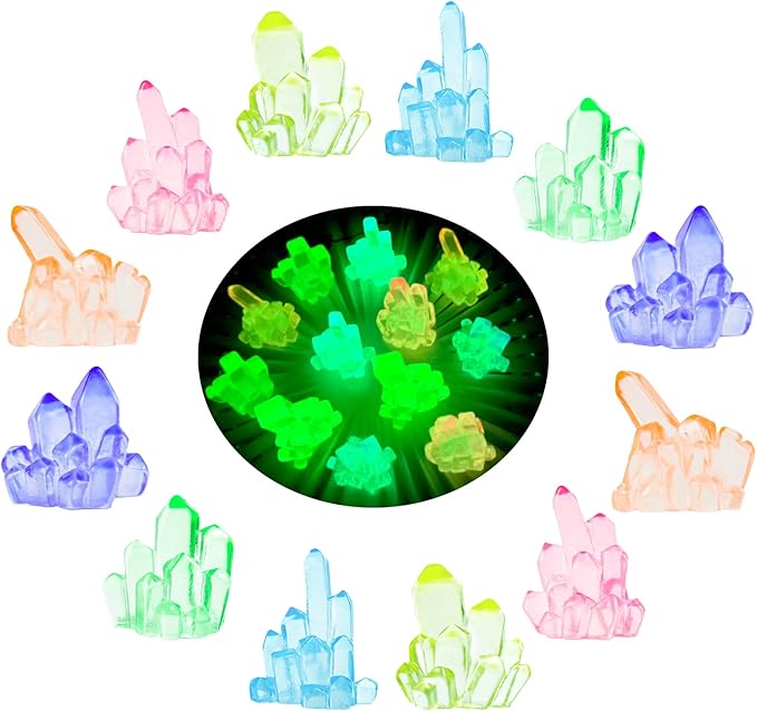 MIUPOO Glow Crystal,Betta Stones,Glow in The Dark Crystal,Bonsai Decor,Chips Stone Small Decorative,Fish Tank Decor,6 Colors,12 Pieces.