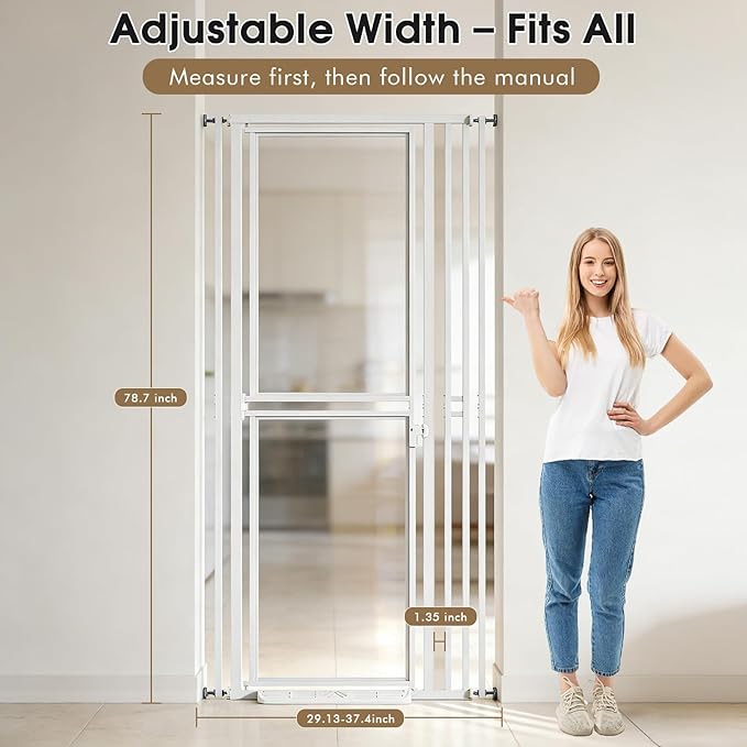 78.7" Extra Tall Cat Gate, Adjustable 27.5"-37.4" Wide Pet Proof Safety Gate, NO Drilling Pressure Mount Dog Gate, Transparent Full Door Pet Gate for Stairs/Studio/Kitchen, White