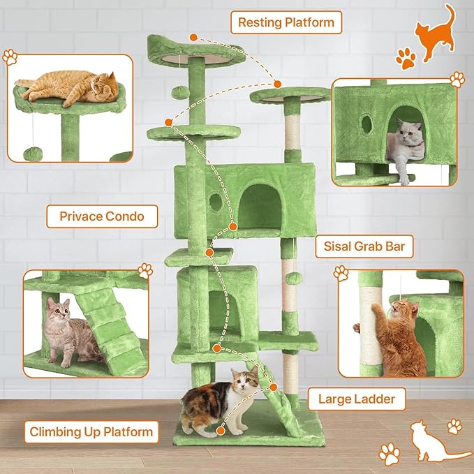 54” Cat Tree Tower for Indoor Cats - Multi-Level Playhouse with Sisal Scratching Posts, Condo, Perch & Hanging Toy - Tall Cat Furniture Activity Center (Green)