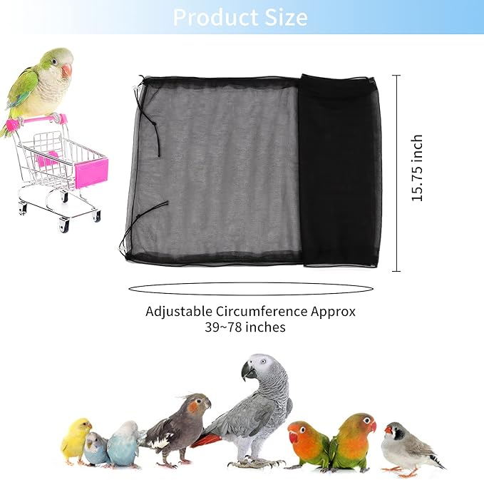 Daoeny Universal Bird Cage Cover, Adjustable Parrot Nylon Airy Soft Mesh Net, Seed Feather Catcher, Birdcage Cover Skirt Sheer Guard for Parakeet Macaw Round Square Cages (Black)