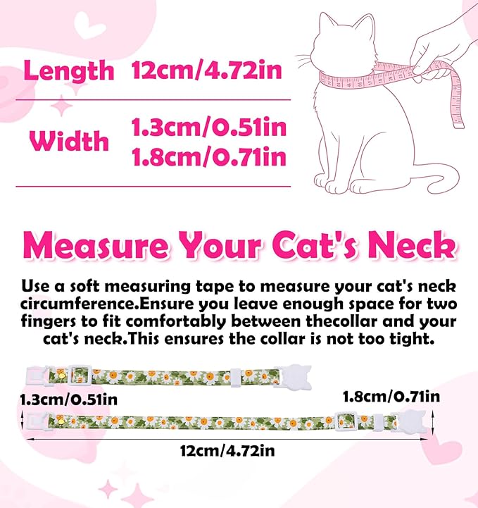 2 Pack Cat Collar Breakaway, Daisy Collar for Girl Cats, Adjustable Breakaway Cat Collars with Bell, Cute Floral Design Perfect for Female Kitten, 7.5-11 Inch, Pink & Green