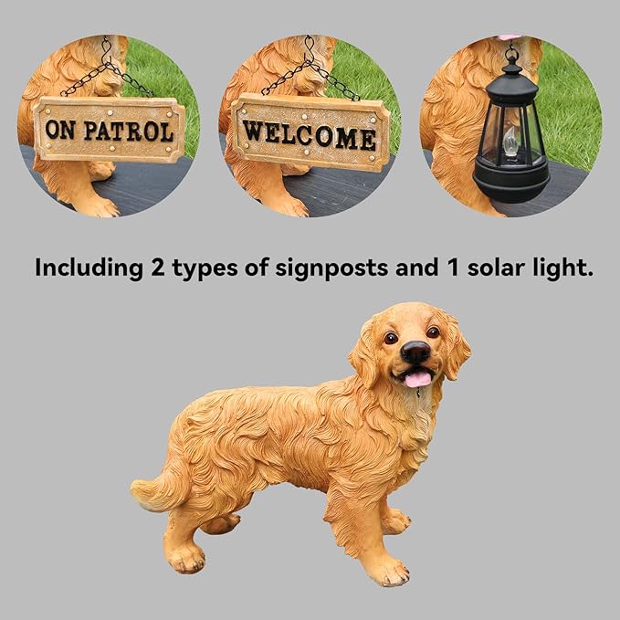 Golden Retriever Statue Outdoor Decorations – Outdoor Dog Statue Standing Golden Retriever with Removable Solar Light & Welcome Sign for Patio Décor