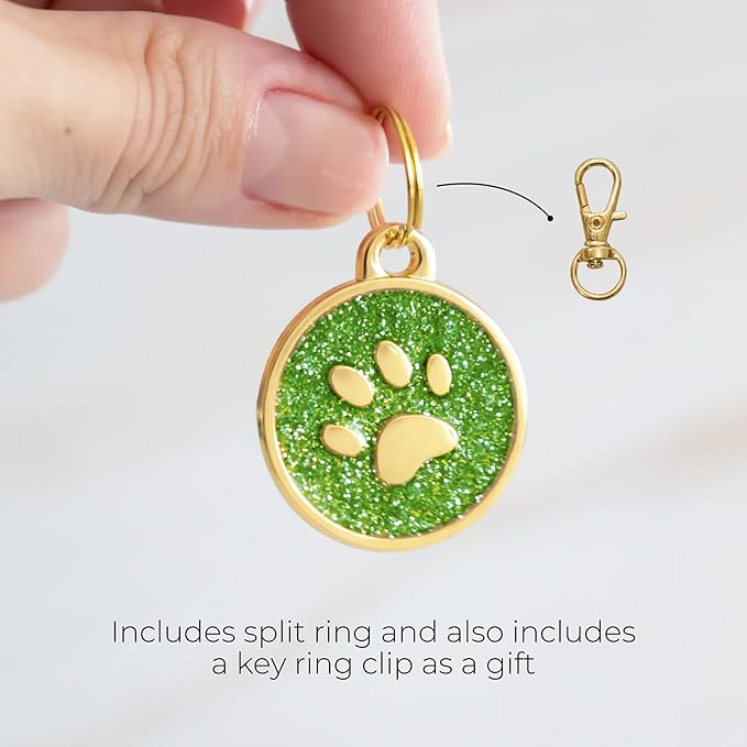 Paw Shape Dog ID Tag Stainless Steel Custom Laser Engraved, Cute Bling Glitter Pet Name Tags Personalized with Durable Engraving (Gold Sparkly Round Paw)