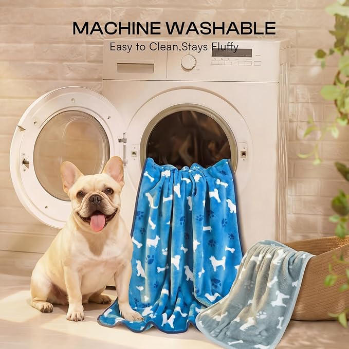 Luciphia 1 Pack 3 Dog Printed Fleece Pet Blankets Washable，Soft Warm Throw Covers for Crate Couch Bed，Cozy Puppy Essentials for Dogs and Cats， Blue/Grey/Khaki, Small (23x16 inch)
