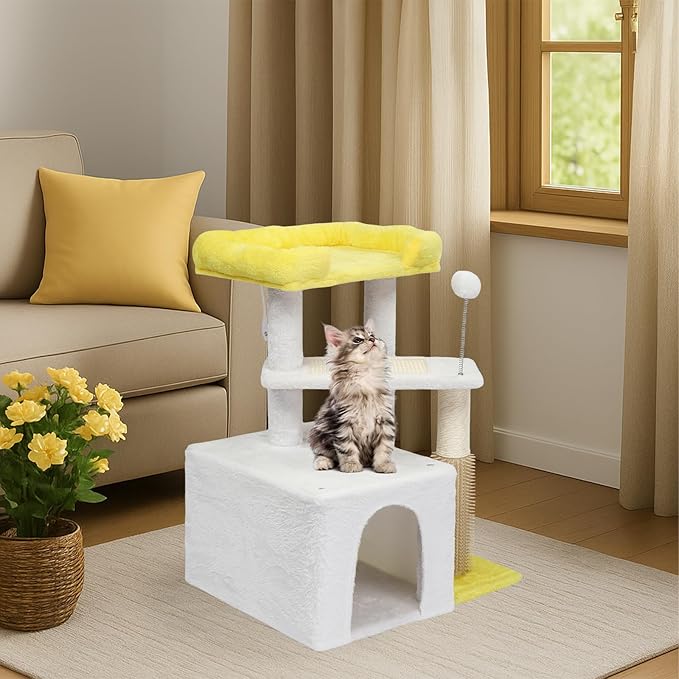 VINGLI Cat Tree, 27 inch Small Cat Tower with Scratching Post and Pad, Cat Condo for Indoor Kittens Padded Top Bed, Cats Indoor Activity Center (Yellow & White)