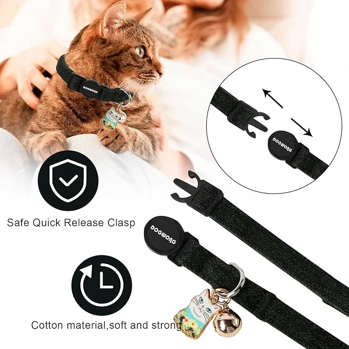 Cat Collar,2 Pack Cat Collars Breakaway with Bell, DOGWONG Safety Buckle Black Cat Collar for Girl Boy Cats and Small Dogs，Adjustable 7-12 Inch,Pet Supplies Accessories