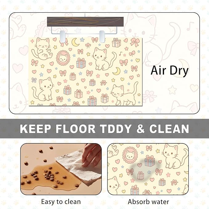 Cute Cat Pet Feeding Mat Adorable Kitten Food Placemat with Gift Bow and Star Print for Dogs and Cats Sweet Non Slip Mat for Dog Cat Food and Water Bowls Home Kitchen Decoration 20" x 12"