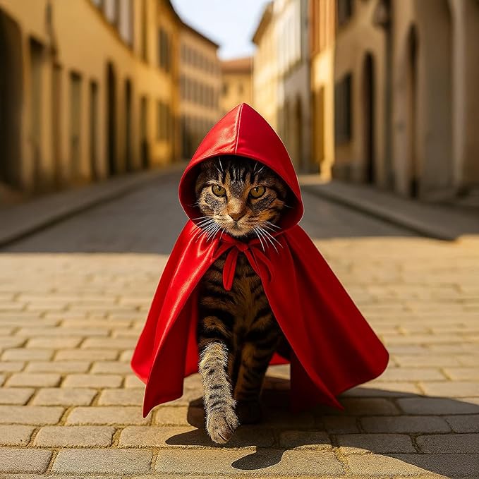 Red Cat Cloak with Hood for Indoor Cats, Funny Superhero Cosplay Halloween Costume for Pets, Cute Cape for Party Photos and Dress-Up – Big/Middle Size