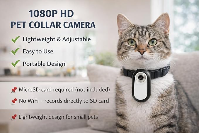 Mini Dog Collar Camera 1080P – Records to Micro SD Card – No Live Streaming – No WiFi – Lightweight POV Camera for Dogs – Adjustable Pet Collar