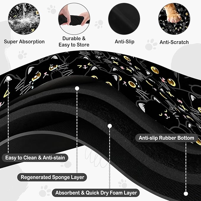 Cat Food Mat for Pet Dog Food Mat, Black Cat Absorbent Quick Dry Dog Bowl Mats for Food and Water, Non-Slip Cat Pet Feeding Mats for Floor Placemats 12"x20"
