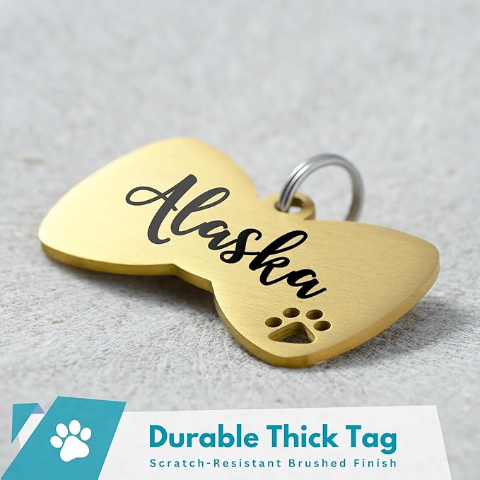 Ultra Joys Dog Tags Personalized for Pets - Hollow Paw Custom Pet ID Tag - Engraved Dog Tag for Small, Large Dogs - Large Bow Tie in Gold