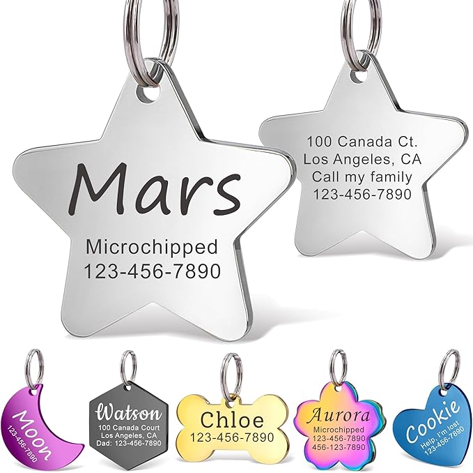 Anavia Personalized Pet ID Tags, Stainless Steel Glossy Laser Engraved Dog Cat Collar Name Tags, Multiple Colors Shapes Sizes (Star, Regular)