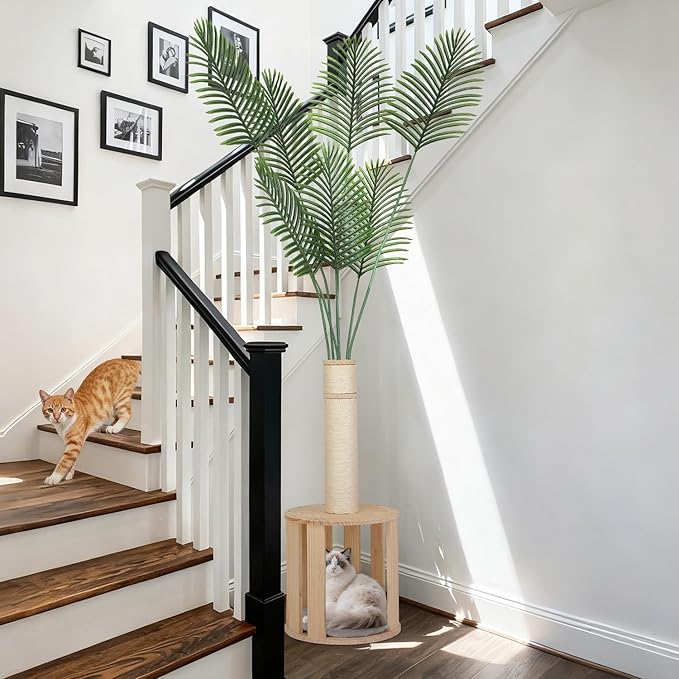 82.7'' Tall Modern Cat Tree for Indoor Cats,Artificial Areca Palm Tree Cat Tower with Solid Wood Cat Bed,Nature Sisal Scratching Post,Removable Mat,Aesthetic Cat Activity Center for Small Medium Cats