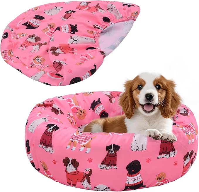 Round Replacement Dog Bed Covers Elastic Edged Washable Pet Bed Protector with Pink Dog Pattern Design for Small & Medium Pet Beds, Cover Only (Pink, 30 x 9.8 Inch)
