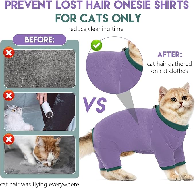 Sticky Cat Clothes Stretchy, Sphynx Hairless Sweater & Pajamas for Cats only, Soft Cat Onesie for Cats After Surgery Female Male & Hair Loss Prevention, Purple XS