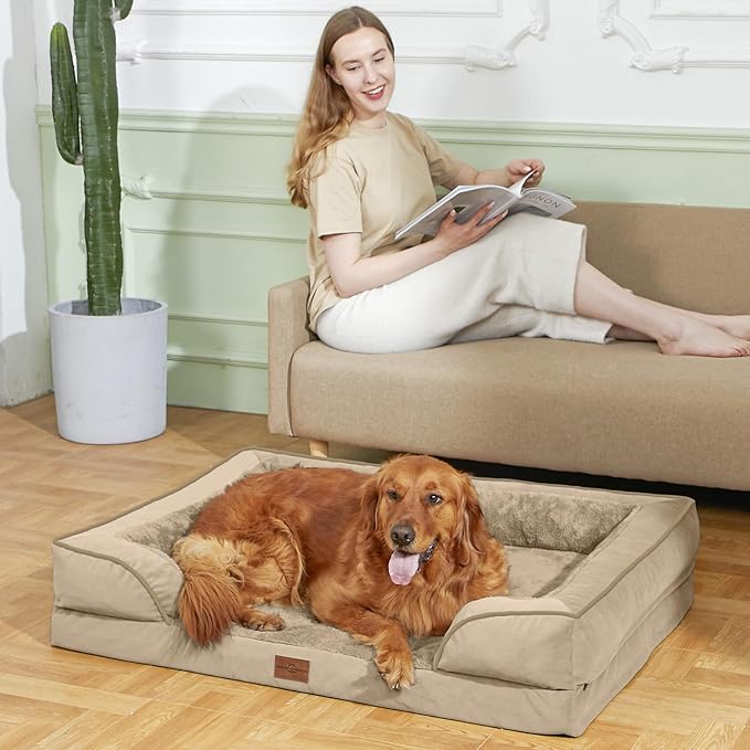 Comfort Expression Orthopedic Dog Bed for Medium Dogs 30x20 Inch, Waterproof Egg Crate Foam Medium Pet Bed with Removable Bolsters, Dog Couch with Washable Cover & Non-Slip Bottom, Light Brown
